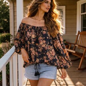 Ralph Lauren Boho XL Floral Peasant Blouse Black Tassel Balloon Sleeve Cottage